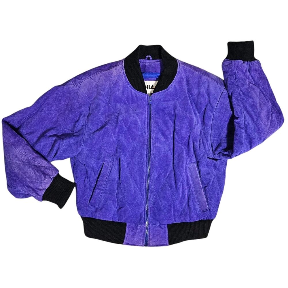 Vtg Chia Suede Leather Jacket Cropped Lined Quilted Zip Blue/Purple Womens S